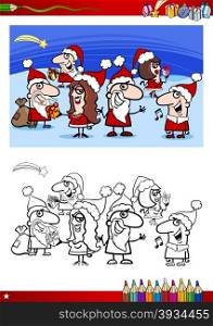 Coloring Book Cartoon Illustration of Santa Claus Characters Group or Happy People on Christmas Time