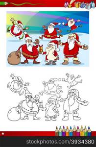 Coloring Book Cartoon Illustration of Santa Claus Characters Group with Christmas Presents