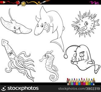 Coloring Book Cartoon Illustration of Sea Life Animals Characters Set