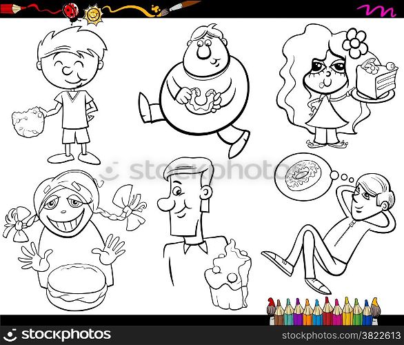 Coloring Book Cartoon Illustration of Set of Children and Teens with Sweet Cakes or Cookies Set