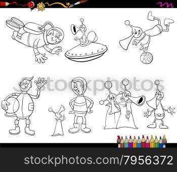 Coloring Book Cartoon Illustration of Spaceman and Aliens Characters Set
