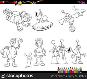 Coloring Book Cartoon Illustration of Spaceman and Aliens Characters Set