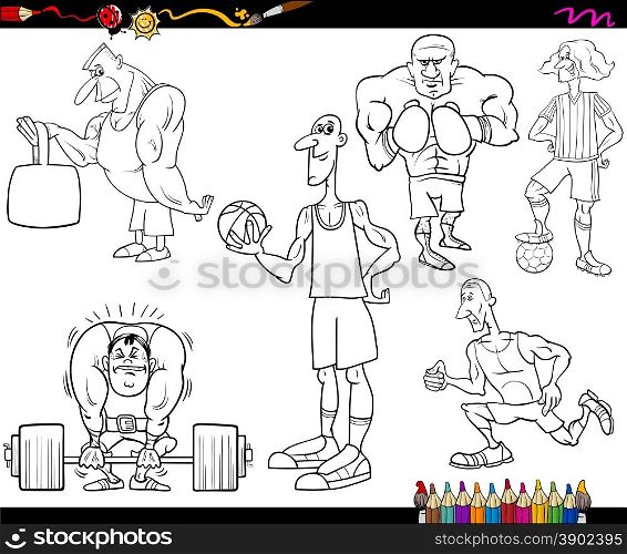 Coloring Book Cartoon Illustration of Sportsmen or Athletes Characters Set