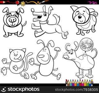 Coloring Book Cartoon Illustration Set of Cartoon Illustration of Dogs Animal Characters
