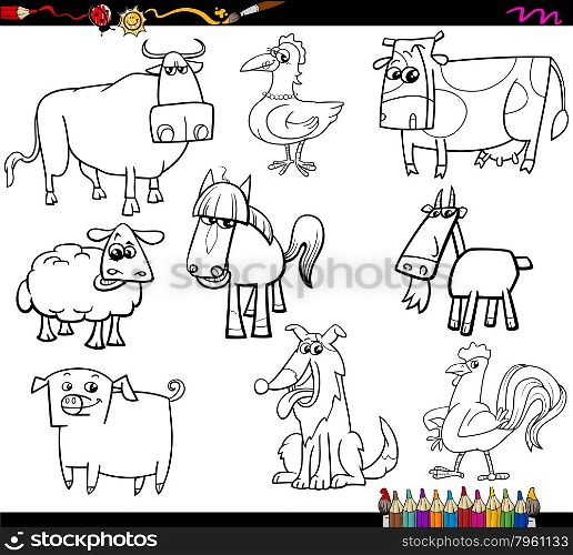 Coloring Book Cartoon Illustration Set of Farm Animals Characters