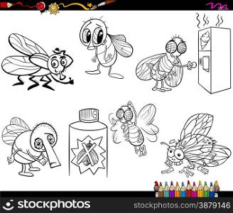 Coloring Book Cartoon Illustration Set of Flies Insect Characters