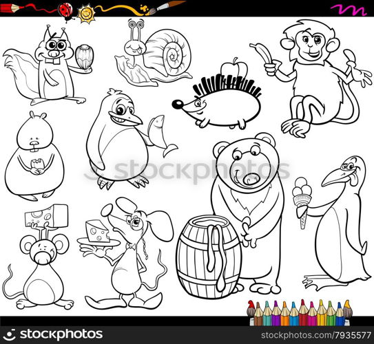 Coloring Book Cartoon Illustration Set of Funny Animals with their Favorite Food