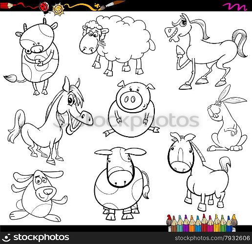 Coloring Book Cartoon Illustration Set of Funny Farm Animals Characters