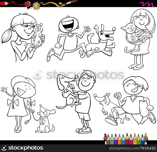 Coloring Book Cartoon Illustration Set of Kids with Pets Characters