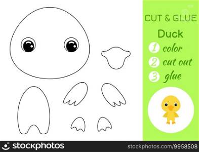 Coloring book cut and glue baby duck. Educational paper game for preschool children. Cut and Paste Worksheet. Color, cut parts and glue on paper. Vector illustration.