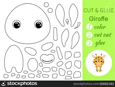 Coloring book cut and glue baby giraffe. Educational paper game for preschool children. Cut and Paste Worksheet. Color, cut parts and glue on paper. Vector illustration.