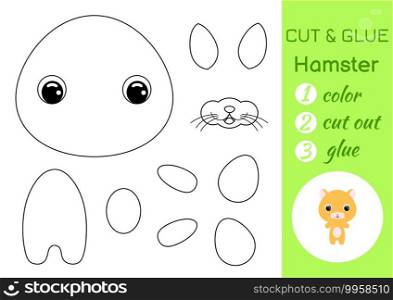 Coloring book cut and glue baby hamster. Educational paper game for preschool children. Cut and Paste Worksheet. Color, cut parts and glue on paper. Vector illustration.