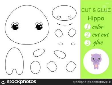 Coloring book cut and glue baby hippo. Educational paper game for preschool children. Cut and Paste Worksheet. Color, cut parts and glue on paper. Vector illustration.