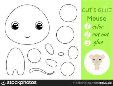 Coloring book cut and glue baby mouse. Educational paper game for preschool children. Cut and Paste Worksheet. Color, cut parts and glue on paper. Vector illustration.