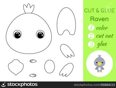 Coloring book cut and glue baby raven. Educational paper game for preschool children. Cut and Paste Worksheet. Color, cut parts and glue on paper. Vector illustration.