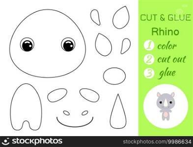 Coloring book cut and glue baby rhino. Educational paper game for preschool children. Cut and Paste Worksheet. Color, cut parts and glue on paper. Vector illustration.