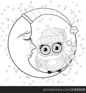 Coloring book for adult and older children. Coloring page with an owl on the moon among the stars. Coloring book for adult and older children. Coloring page with an owl on the moon among the stars.