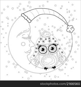 Coloring book for adult and older children. Coloring page with an owl on the moon among the stars. Coloring book for adult and older children. Coloring page with an owl on the moon among the stars.