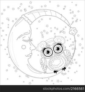 Coloring book for adult and older children. Coloring page with an owl on the moon among the stars. Coloring book for adult and older children. Coloring page with an owl on the moon among the stars.