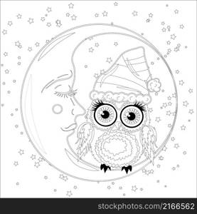 Coloring book for adult and older children. Coloring page with an owl on the moon among the stars. Coloring book for adult and older children. Coloring page with an owl on the moon among the stars.