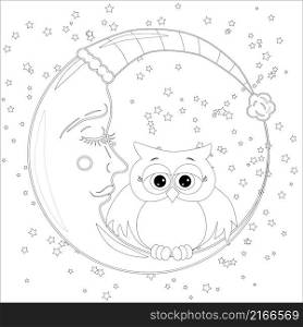 Coloring book for adult and older children. Coloring page with an owl on the moon among the stars. Coloring book for adult and older children. Coloring page with an owl on the moon among the stars.