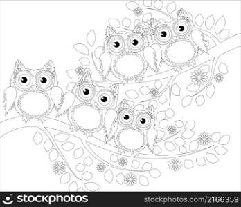 Coloring book for adult and older children. Coloring page with cute owl and floral frame. Outline drawing in zentangle style.. Coloring book for adult and older children. Coloring page with cute owl and floral frame. Outline drawing in zentangle style