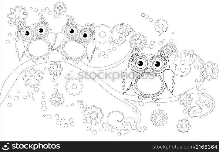 Coloring book for adult and older children. Coloring page with cute owl and floral frame. Outline drawing in zentangle style.. Coloring book for adult and older children. Coloring page with cute owl and floral frame. Outline drawing in zentangle style