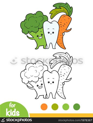 Coloring book for children, Healthy tooth and vegetables