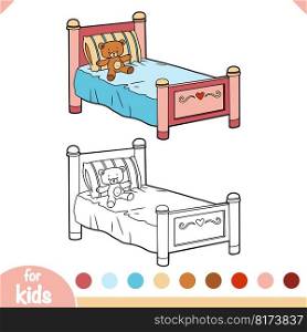 Coloring book for children, Kids bed with a pillow and toy bear