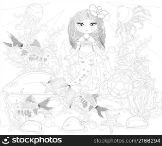 Coloring book for children: little mermaid and sea world.. Beautiful mermaid. Underwater world. Anti stress coloring book for adult. Outline drawing coloring page. Black and white in zentangle style. Sea, shells. Marine theme.