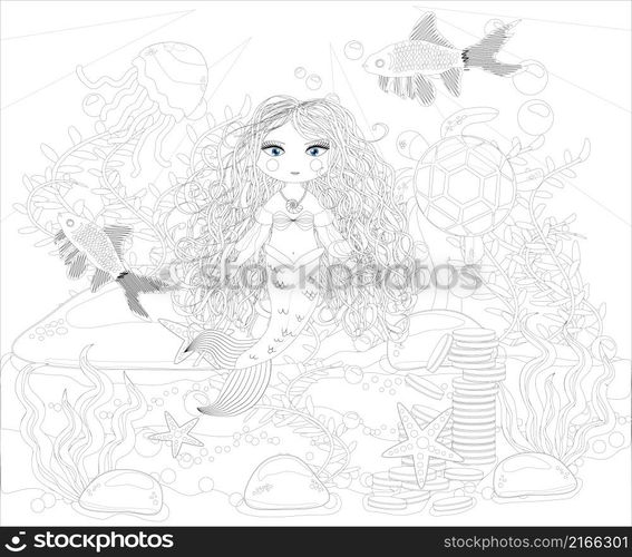 Coloring book for children: little mermaid and sea world.. Beautiful mermaid. Underwater world. Anti stress coloring book for adult. Outline drawing coloring page. Black and white in zentangle style. Sea, shells. Marine theme.