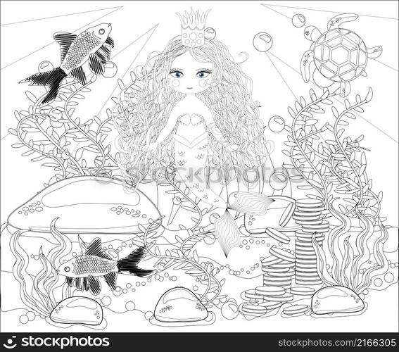 Coloring book for children: little mermaid and sea world.. Beautiful mermaid. Underwater world. Anti stress coloring book for adult. Outline drawing coloring page. Black and white in zentangle style. Sea, shells. Marine theme.