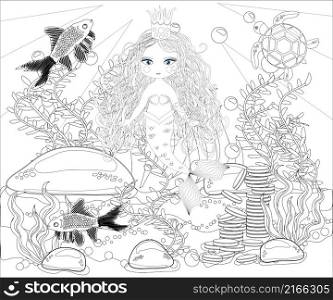 Coloring book for children: little mermaid and sea world.. Beautiful mermaid. Underwater world. Anti stress coloring book for adult. Outline drawing coloring page. Black and white in zentangle style. Sea, shells. Marine theme.