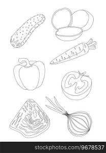 Coloring book for children with a set of vegetables - potatoes, cabbage, tomato, cucumber, onion meadow, pepper, carrot - lines on a white background. Coloring book for children with vegetables on a white background