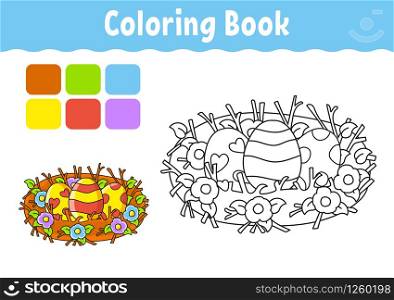 Coloring book for kids. Cheerful character. Easter nest. Vector illustration. Cute cartoon style. Fantasy page for children. Black contour silhouette. Isolated on white background.