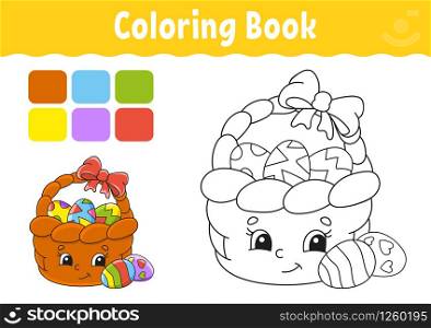 Coloring book for kids. Easter basket. Cheerful character. Vector illustration. Cute cartoon style. Fantasy page for children. Black contour silhouette. Isolated on white background.
