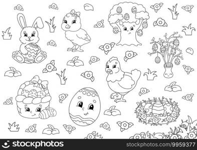 Coloring book for kids. Easter clipart. Cheerful characters. Vector illustration. Cute cartoon style. Black contour silhouette. Isolated on white background.