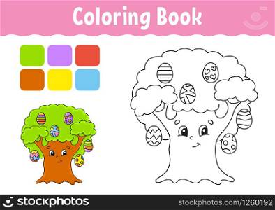 Coloring book for kids. Easter egg tree. Cheerful character. Vector illustration. Cute cartoon style. Fantasy page for children. Black contour silhouette. Isolated on white background.
