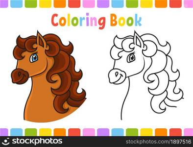 Coloring book for kids. Horse animal. cartoon character. Vector illustration. Fantasy page for children. Black contour. Isolated on white background.