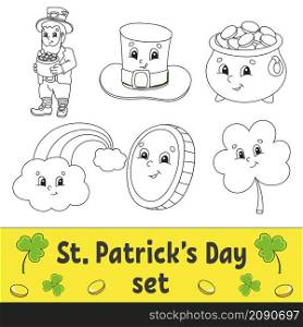Coloring book for kids. St. Patrick&rsquo;s Day. Cheerful characters. Vector illustration. Cute cartoon style. Black contour silhouette. Isolated on white background.