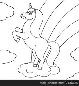 Coloring book for kids. The magical unicorn reared up. The animal horse stands on its hind legs. Cartoon style. Simple flat vector illustration.