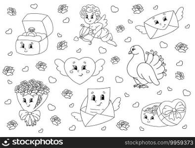 Coloring book for kids. Valentine’s Day clipart. Cheerful characters. Vector illustration. Cute cartoon style. Black contour silhouette. Isolated on white background.