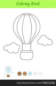 Coloring book hot air balloon for kids. Printable worksheet. Educational activity page for preschool years kids and toddlers with transport. Cartoon colorful vector illustration.