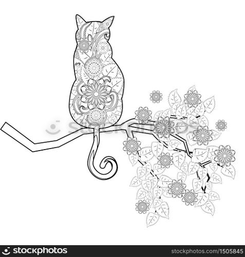 Coloring book Magic cat sitting on a branch for adults. Hand drawn artistically ethnic ornament with patterned illustration.. Coloring book Magic cat for adults. Hand drawn artistically ethnic ornament with patterned illustration