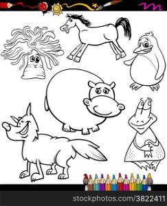 Coloring Book or Page Cartoon Illustration of Black and White Animals Characters for Children