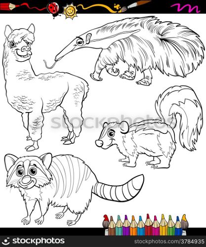 Coloring Book or Page Cartoon Illustration of Black and White Animals Chatacters for Children