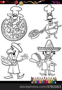 Coloring Book or Page Cartoon Illustration of Black and White Chefs Characters with National Food for Children