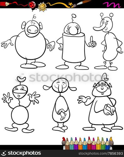 Coloring Book or Page Cartoon Illustration of Black and White Fantasy Characters or Aliens for Children