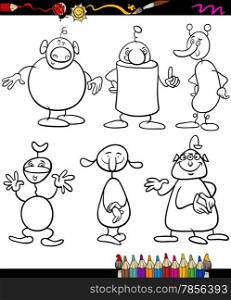 Coloring Book or Page Cartoon Illustration of Black and White Fantasy Characters or Aliens for Children