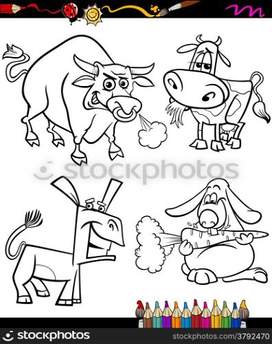 Coloring Book or Page Cartoon Illustration of Black and White Farm Animals Characters for Children